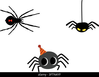 Halloween Spider Character Set Cute Black Widow Arachnid Stickers Stock Vector