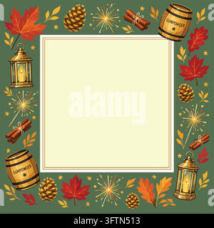 Guy Fawkes Autumn Leaves Frame Border Bonfire Sparklers Card Stock Vector