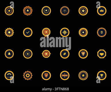 Golden Round Badge Seal Set Luxury Reward Award Medal Icons Stock Vector
