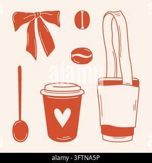 Takeaway coffee paper cups and accessories set, bow, roasted coffee beans and spoon hand-drawn isolated illustrations in cozy line art style for cafe Stock Vector