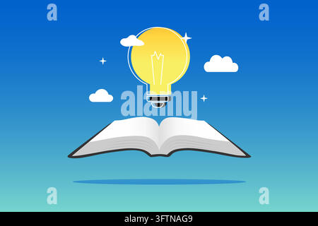 Open book floats above blue sky. Lightbulb hovers above pages, glowing brightly. Clouds drift gently around the scene. Stock Vector