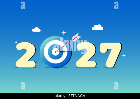 Bright yellow numbers frame a blue target. Arrow pierces center with precision and focus. Sky fades from deep blue to soft green. Stock Vector