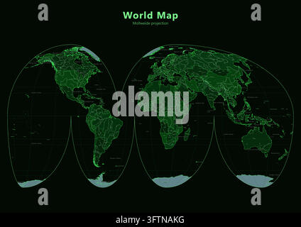 A detailed dark-themed world map featuring the interrupted Goode Homolosine projection, showcasing global continents, country borders Stock Vector