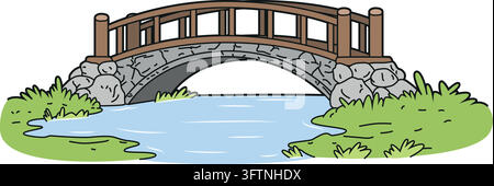 Vector illustration of a stone bridge over a river in a cartoon, outlined style, isolated on white background Stock Vector