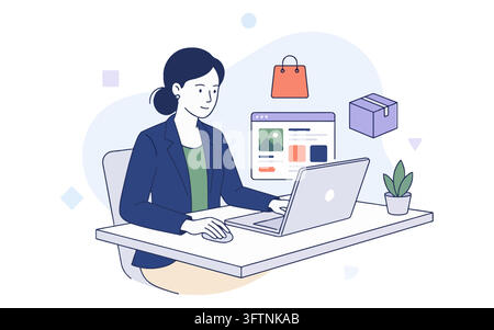 Business woman working on a laptop with online shopping icons isolated on transparent background Stock Vector