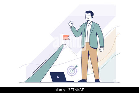 Successful business man standing near mountain with flag isolated on transparent background Stock Vector