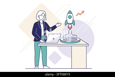 Business woman launching a rocket from a laptop isolated on transparent background Stock Vector