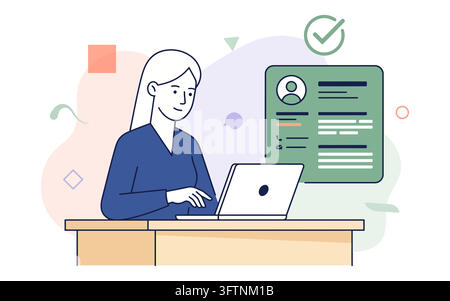Woman working on laptop with online resume profile isolated on transparent background Stock Vector