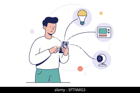 Man using smartphone to control smart home devices isolated on transparent background Stock Vector