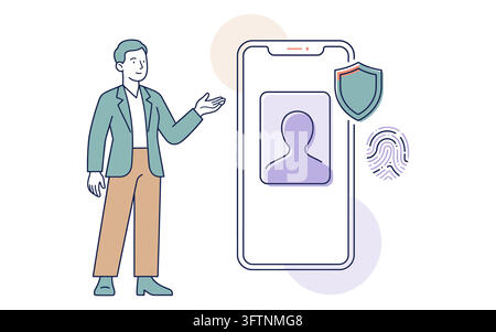 Business man showing secure mobile phone identity verification isolated on transparent background Stock Vector