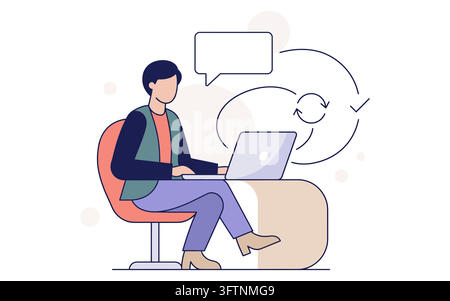 Person working on a laptop with communication and process icons isolated on transparent background Stock Vector