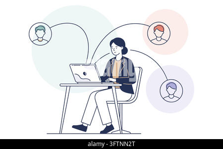 Woman working on laptop connecting with people online isolated on transparent background Stock Vector