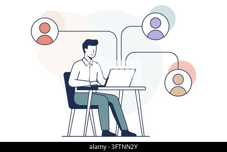 Man working on laptop connecting with people online isolated on transparent background Stock Vector
