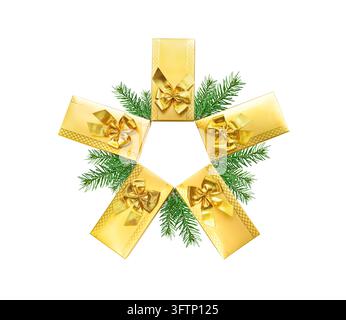 Five golden Christmas gift boxes with bows and fir branches arranged in a star shape, isolated on a white background. Stock Photo