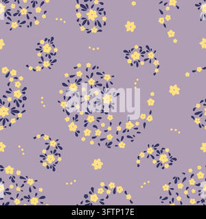 Seamless pattern with small yellow blossoms and dark navy leaves arranged into paisley teardrop motifs on soft lavender background. Whimsical Stock Vector