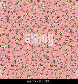 Seamless ditsy pattern with small hand drawn yellow flowers and delicate leaves on coral pink background. Whimsical botanical vector print Stock Vector