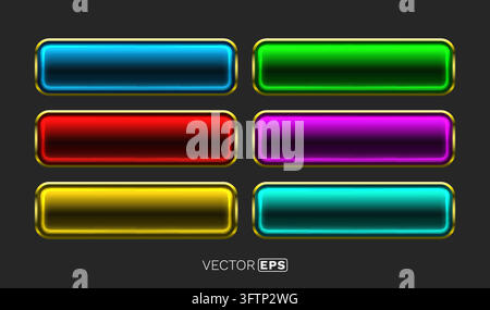 Set of shiny metallic buttons with golden frames. Glossy game or web UI elements in various vibrant colors. Vector illustration Stock Vector