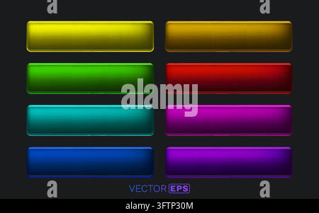 Set of colorful glossy web buttons with rounded corners. This collection features vibrant UI elements on a dark background. Vector illustration. Stock Vector