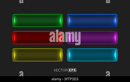 Set of glowing rectangular buttons with neon effect. Collection of colorful glossy empty banners on a dark background. Vector illustration. Stock Vector