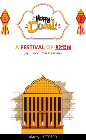 Happy Diwali Greeting with Traditional Arch and Five Glowing Diya's Stock Vector