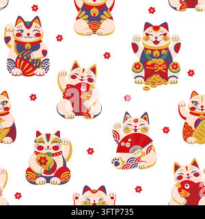 Japanese Maneki neko lucky cats seamless pattern Stock Vector