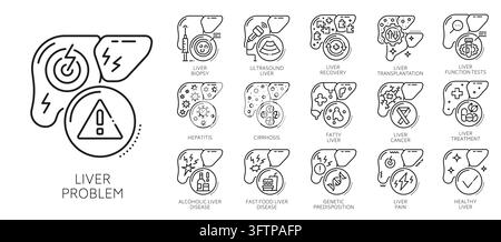 Chronic liver diseases and therapy. Black and white linear icons depicting liver cirrhosis, fatty liver, hepatitis, fibrosis, and cancer. Vector icons Stock Vector