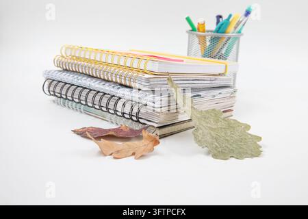 Stacked spiral notebooks with autumn leaves and a stationery holder Stock Photo
