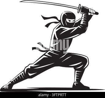 Ninja warrior holding sword in fighting stance silhouette style Stock Vector