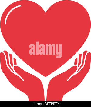 Hands gently holding a red heart icon symbol Stock Vector