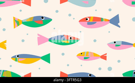 Colorful Seamless Fish Pattern in Modern Suprematist Style Stock Vector