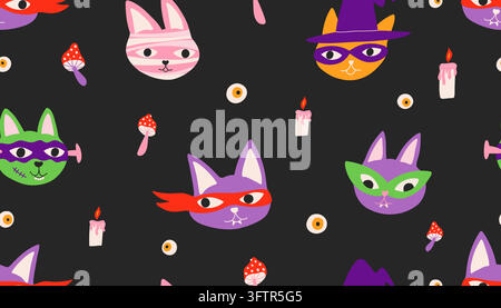 Seamless Halloween Cat Pattern with Witch, Mummy, Mushroom and Candle Stock Vector