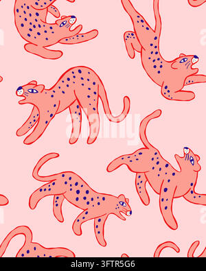 Playful Hand Drawn Cat Seamless Pattern on Pink Background Stock Vector
