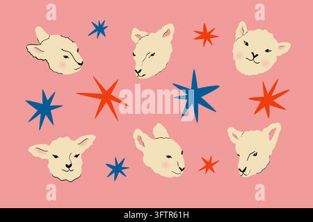 Cute Kawaii Sheep Heads and Abstract Stars Clipart Collection in Trendy Flat Hand Drawn Vector Style Stock Vector
