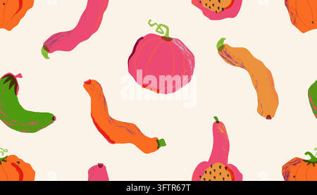 A seamless autumn pattern featuring a harvest of zucchini and pumpkins. Bright contemporary background with vegetables for packaging, menu, box or bag Stock Vector