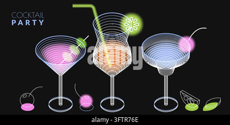 Vector isometric illustration of neon martini glasses, tropical drink with blend lines texture. Cocktail party banner, nightlife bar poster, holiday i Stock Vector