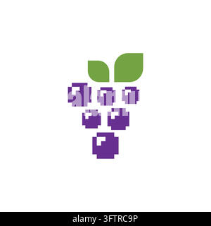 Creative digital pixel art grapes bunch vector logo template for winery, gaming or tech food brand Stock Vector