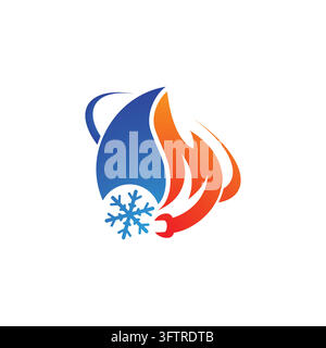 HVAC plumbing heating and cooling abstract vector logo with flame water drop snowflake and wrench icon Stock Vector