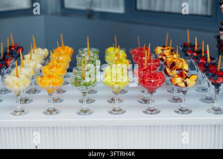 Rows of glass dessert cups filled with assorted fresh fruit pieces arranged by color on white counter, each cup pierced with wooden pick, cool indoor Stock Photo