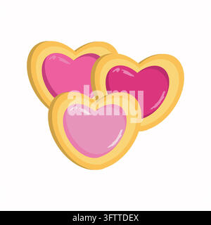 A festive arrangement of three heart-shaped cookies, decorated with colorful icing and edible glitter. The vibrant details and cheerful composition Stock Vector