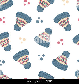 Seamless vector pattern with blue knitted winter hats and pompoms Stock Vector