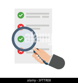Vector illustration of a hand holding a magnifying glass to review and inspect a document checklist with checkmarks and cross marks for audit concept. Stock Vector