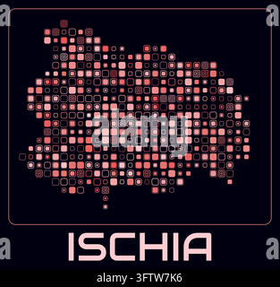 Ischia digital style map. Large rounded square dots on dark background. Dotted shape of the island. Ischia map and title. Modern vector illustration. Stock Vector