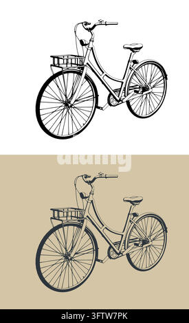 High contrast vector illustration of a classic city bicycle with a front basket. Detailed perspective view of a ladies cruiser bike, available in blac Stock Vector
