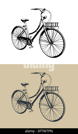 High contrast vector illustration of a classic city bicycle with a front basket. Detailed perspective view of a ladies cruiser bike, available in blac Stock Vector