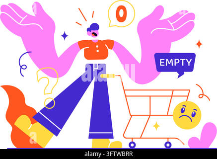 Empty Cart Illustration Featuring Online Shopping Frustration, Zero Inventory, Unavailable Products, Customer Disappointment, and E Commerce Problems Stock Vector