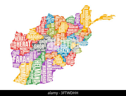 A creative typographic map of Afghanistan featuring administrative provinces filled with repeated province names in distinct bold colors Stock Vector