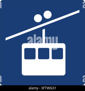 A white cable car icon on a blue square sign represents a gondola lift or aerial tramway. Stock Vector