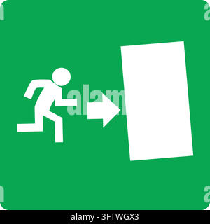 A white running human figure and an arrow point towards an exit door on a green emergency exit sign, indicating a safe escape route. Stock Vector