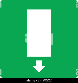 A white rectangle with a down arrow icon is displayed on a solid green square background. Stock Vector