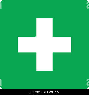 A white cross symbol is centered on a solid green square background, representing first aid, medical care, or safety. Stock Vector